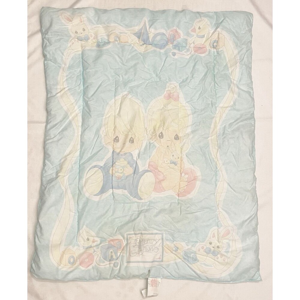 Vintage 90s Precious Moments Tot Crib Comforter Baby Blanket Blue Pink 42" x 32"